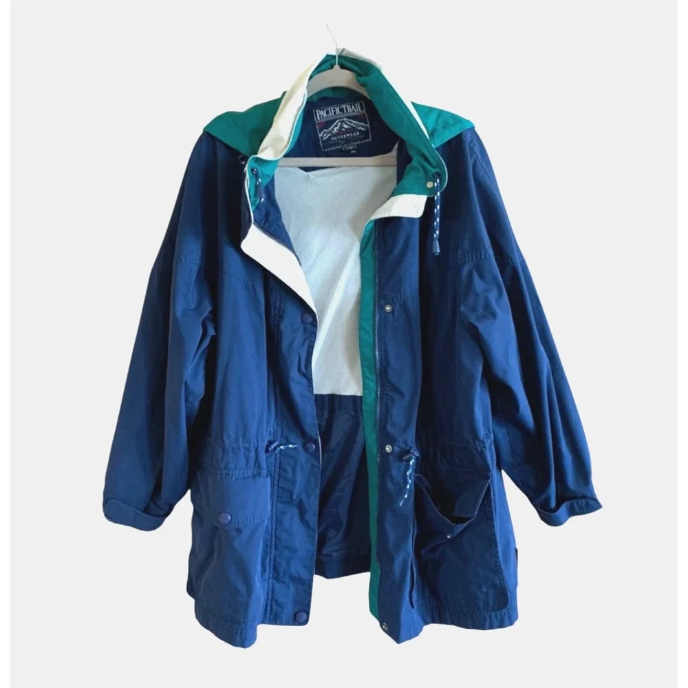 PACIFIC TRAIL JACKET Hooded Rain Parka NAVY & TEAL Marine Blue BOATING Hiking M